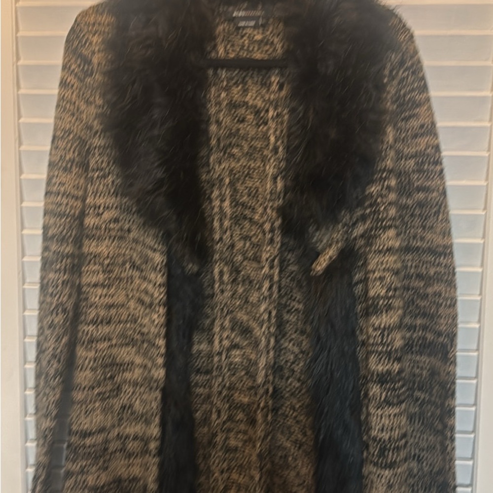 BCBGMaxAzria Black and Gray Cardigan with Faux Fur